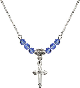 18" Rhodium Plated Necklace with 4mm Sapphire Crystal Beads featuring a Sterling Silver Cross Medal.