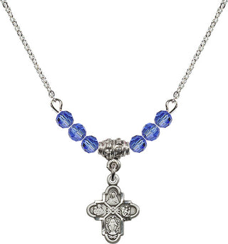 18" Rhodium Plated Necklace with 4mm Sapphire Crystal Beads featuring a Sterling Silver 4-Way Medal.