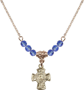 18" Hamilton Gold Plated Necklace with 4mm Sapphire Crystal Beads featuring a 14kt Gold Filled 5-Way Medal.