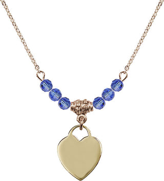 18" Hamilton Gold Plated Necklace with 4mm Sapphire Crystal Beads featuring a 14kt Gold Filled Heart Medal. Engraved Catholic Saint Jewelry