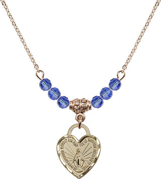 18" Hamilton Gold Plated Necklace with 4mm Sapphire Crystal Beads featuring a 14kt Gold Filled Miraculous Heart Medal. Engraved Catholic Saint Jewelry
