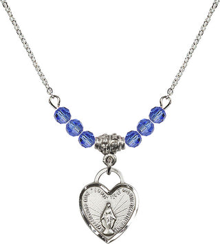 18" Rhodium Plated Necklace with 4mm Sapphire Crystal Beads featuring a Sterling Silver Miraculous Heart Medal. Engraved Catholic Saint Jewelry