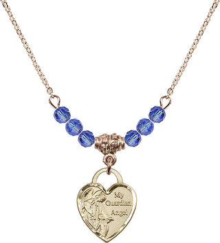 18" Hamilton Gold Plated Necklace with 4mm Sapphire Crystal Beads featuring a 14kt Gold Filled Guardian Angel Heart Medal. Engraved Catholic Saint Jewelry