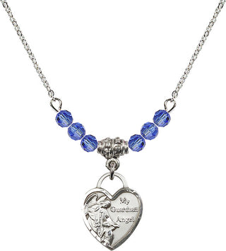 18" Rhodium Plated Necklace with 4mm Sapphire Crystal Beads featuring a Sterling Silver Guardian Angel Heart Medal. Engraved Catholic Saint Jewelry