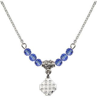 18" Rhodium Plated Necklace with 4mm Sapphire Crystal Beads featuring a Sterling Silver Jerusalem Cross Medal.