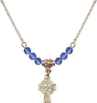 18" Hamilton Gold Plated Necklace with 4mm Sapphire Crystal Beads featuring a 14kt Gold Filled Celtic Cross Medal.