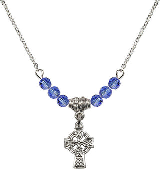 18" Rhodium Plated Necklace with 4mm Sapphire Crystal Beads featuring a Sterling Silver Celtic Cross Medal.
