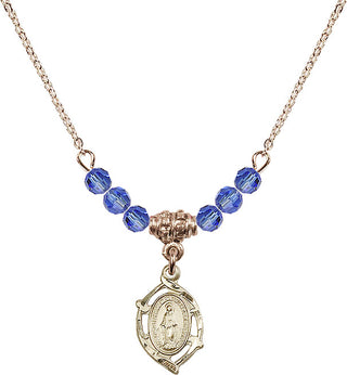 18" Hamilton Gold Plated Necklace with 4mm Sapphire Crystal Beads featuring a 14kt Gold Filled Miraculous Medal.