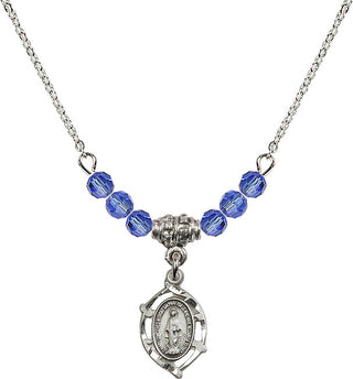 18" Rhodium Plated Necklace with 4mm Sapphire Crystal Beads featuring a Sterling Silver Miraculous Medal.