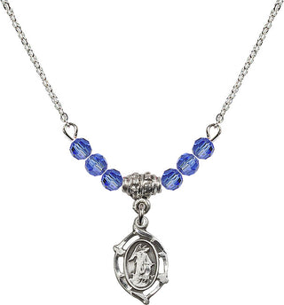 18" Rhodium Plated Necklace with 4mm Sapphire Crystal Beads featuring a Sterling Silver Guardian Angel Medal.