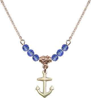 18" Hamilton Gold Plated Necklace with 4mm Sapphire Crystal Beads featuring a 14kt Gold Filled Anchor Medal.