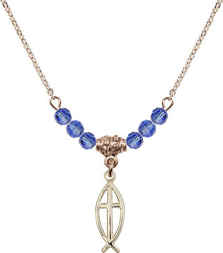 18" Hamilton Gold Plated Necklace with 4mm Sapphire Crystal Beads featuring a 14kt Gold Filled Fish / Cross Medal.