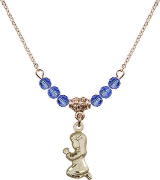 18" Hamilton Gold Plated Necklace with 4mm Sapphire Crystal Beads featuring a 14kt Gold Filled Praying Girl Medal.