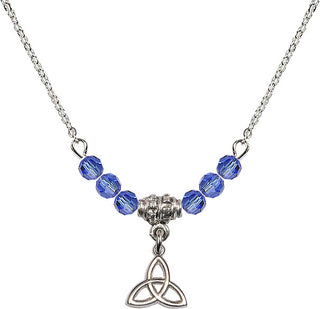 18" Rhodium Plated Necklace with 4mm Sapphire Crystal Beads featuring a Sterling Silver Trinity Irish Knot Medal.
