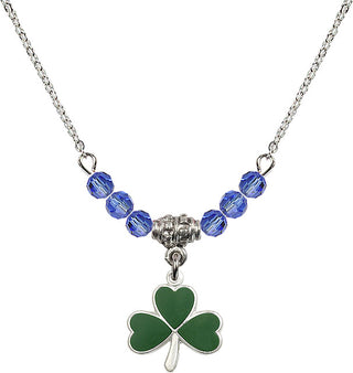 18" Rhodium Plated Necklace with 4mm Sapphire Crystal Beads featuring a Sterling Silver Shamrock Medal.