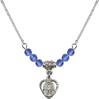 18" Rhodium Plated Necklace with 4mm Sapphire Crystal Beads featuring a Sterling Silver Miraculous Medal.