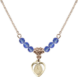 18" Hamilton Gold Plated Necklace with 4mm Sapphire Crystal Beads featuring a 14kt Gold Filled Scapular Medal.