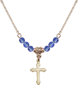 18" Hamilton Gold Plated Necklace with 4mm Sapphire Crystal Beads featuring a 14kt Gold Filled Cross Medal.