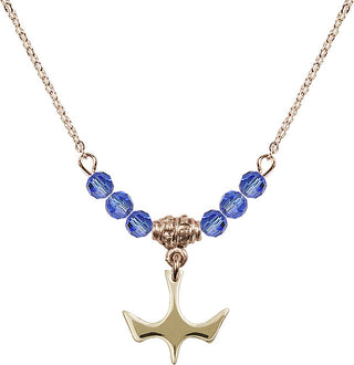18" Hamilton Gold Plated Necklace with 4mm Sapphire Crystal Beads featuring a 14kt Gold Filled Holy Spirit Medal.