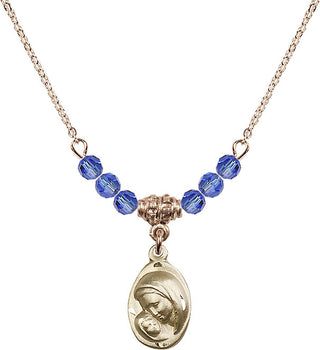 18" Hamilton Gold Plated Necklace with 4mm Sapphire Crystal Beads featuring a 14kt Gold Filled Madonna & Child Medal.