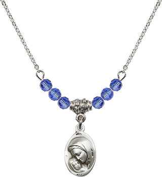 18" Rhodium Plated Necklace with 4mm Sapphire Crystal Beads featuring a Sterling Silver Madonna & Child Medal.