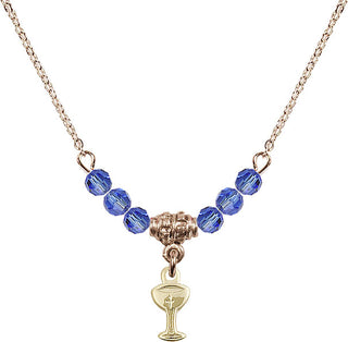 18" Hamilton Gold Plated Necklace with 4mm Sapphire Crystal Beads featuring a 14kt Gold Filled Chalice Medal.