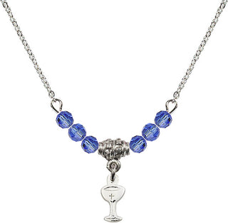 18" Rhodium Plated Necklace with 4mm Sapphire Crystal Beads featuring a Sterling Silver Chalice Medal.