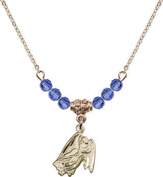 18" Hamilton Gold Plated Necklace with 4mm Sapphire Crystal Beads featuring a 14kt Gold Filled Guardian Angel Medal.