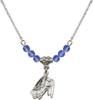 18" Rhodium Plated Necklace with 4mm Sapphire Crystal Beads featuring a Sterling Silver Guardian Angel Medal.