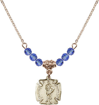 18" Hamilton Gold Plated Necklace with 4mm Sapphire Crystal Beads featuring a 14kt Gold Filled Saint Florian Medal. Engraved Catholic Saint Jewelry