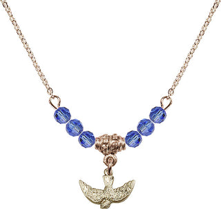 18" Hamilton Gold Plated Necklace with 4mm Sapphire Crystal Beads featuring a 14kt Gold Filled Holy Spirit Medal.