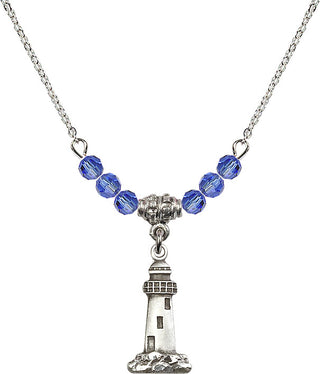 18" Rhodium Plated Necklace with 4mm Sapphire Crystal Beads featuring a Sterling Silver Lighthouse Medal.