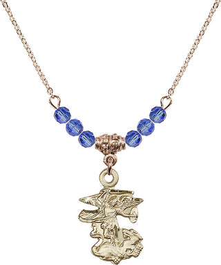 18" Hamilton Gold Plated Necklace with 4mm Sapphire Crystal Beads featuring a 14kt Gold Filled Saint Michael the Archangel Medal.