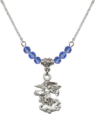 18" Rhodium Plated Necklace with 4mm Sapphire Crystal Beads featuring a Sterling Silver Saint Michael the Archangel Medal.