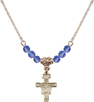 18" Hamilton Gold Plated Necklace with 4mm Sapphire Crystal Beads featuring a 14kt Gold Filled San Damiano Crucifix Medal.