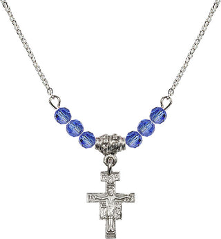 18" Rhodium Plated Necklace with 4mm Sapphire Crystal Beads featuring a Sterling Silver San Damiano Crucifix Medal.