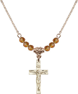 18" Hamilton Gold Plated Necklace with 4mm Topaz Crystal Beads featuring a 14kt Gold Filled Crucifix Medal.