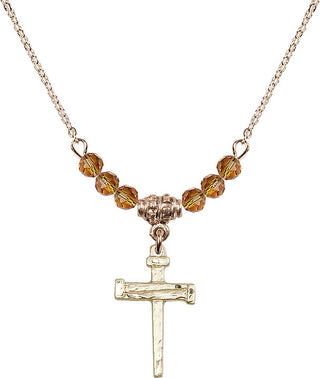 18" Hamilton Gold Plated Necklace with 4mm Topaz Crystal Beads featuring a 14kt Gold Filled Nail Cross Medal.
