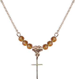 18" Hamilton Gold Plated Necklace with 4mm Topaz Crystal Beads featuring a 14kt Gold Filled Cross Medal.