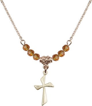 18" Hamilton Gold Plated Necklace with 4mm Topaz Crystal Beads featuring a 14kt Gold Filled Cross Medal.