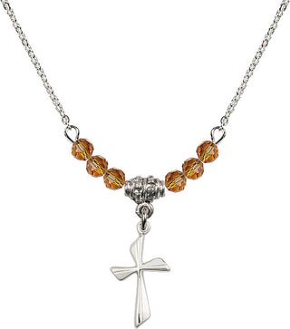 18" Rhodium Plated Necklace with 4mm Topaz Crystal Beads featuring a Sterling Silver Cross Medal.