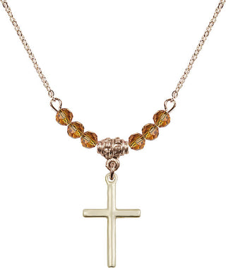 18" Hamilton Gold Plated Necklace with 4mm Topaz Crystal Beads featuring a 14kt Gold Filled Cross Medal.