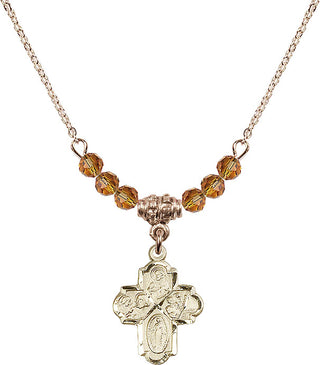 18" Hamilton Gold Plated Necklace with 4mm Topaz Crystal Beads featuring a 14kt Gold Filled 4-Way Medal.