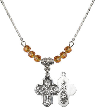 18" Rhodium Plated Necklace with 4mm Topaz Crystal Beads featuring a Sterling Silver 4-Way Medal.
