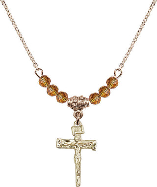 18" Hamilton Gold Plated Necklace with 4mm Topaz Crystal Beads featuring a 14kt Gold Filled Nail Crucifix Medal.