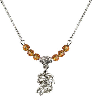 18" Rhodium Plated Necklace with 4mm Topaz Crystal Beads featuring a Sterling Silver Rose Medal.