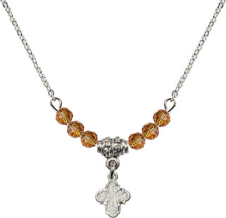 18" Rhodium Plated Necklace with 4mm Topaz Crystal Beads featuring a Sterling Silver 4-Way Medal.