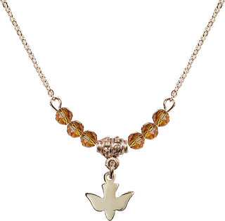 18" Hamilton Gold Plated Necklace with 4mm Topaz Crystal Beads featuring a 14kt Gold Filled Holy Spirit Medal.