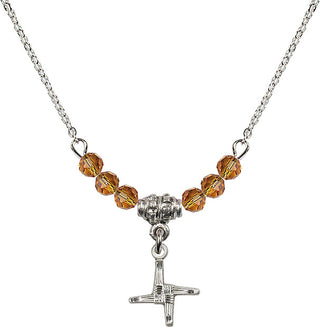 18" Rhodium Plated Necklace with 4mm Topaz Crystal Beads featuring a Sterling Silver Saint Brigid Cross Medal.