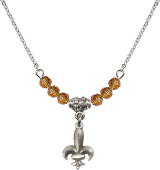 18" Rhodium Plated Necklace with 4mm Topaz Crystal Beads featuring a Sterling Silver Fleur de Lis Medal.